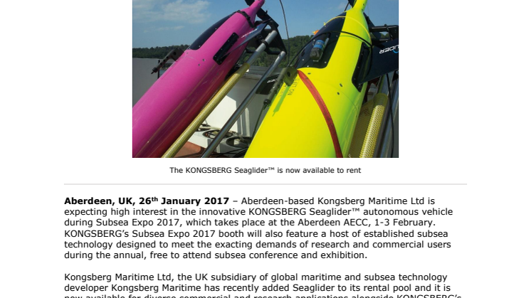 Kongsberg Maritime: UK Seaglider Rental Service in focus as KONGSBERG Gears-Up for Subsea Expo 2017