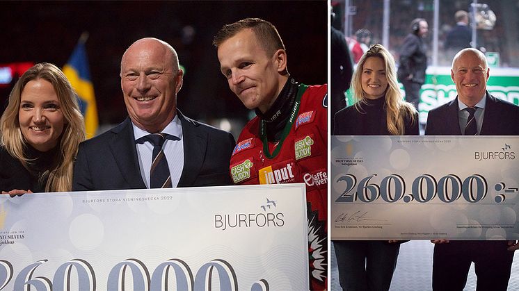 Överlämning av 260.000 kr till Drottning Silvias barnsjukhus. Lisa Tisell, verksamhetsansvarig på Insamlingsstiftelsen för Drottning Silvias barnsjukhus, Sven-Erik Kristensen, vd Bjurfors Göteborg och Max Friberg, ishockeyspelare, Frölunda HC.