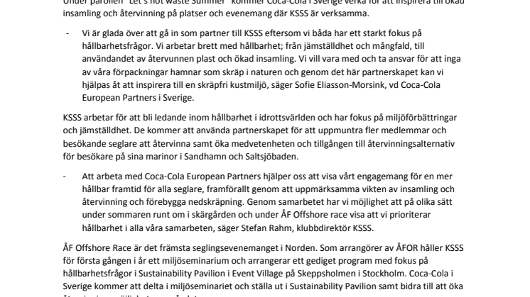 Coca-Cola European Partners inleder nytt hållbarhetssamarbete med KSSS  - blir samtidigt huvudpartner till ÅF Offshore Race 