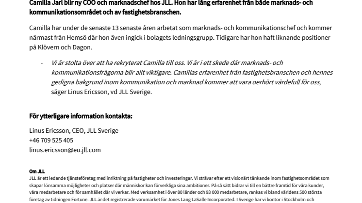  Ny COO och marknadschef till JLL