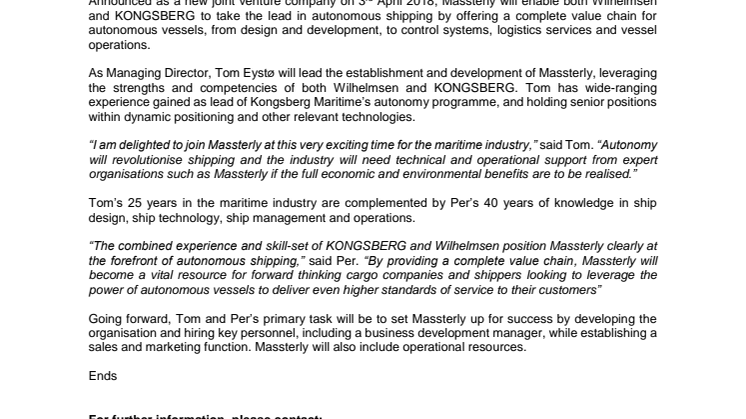 Massterly: Management appointments at new Wilhelmsen and KONGSBERG autonomous ship joint venture company