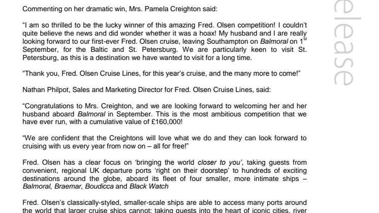 Lucky competition winner scoops a Fred. Olsen cruise prize a year for two ‘for life’, worth a staggering £160,000!