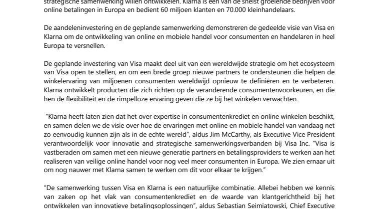 Visa zegt strategische investering in Klarna toe; bedrijven willen samenwerkingsovereenkomst sluiten