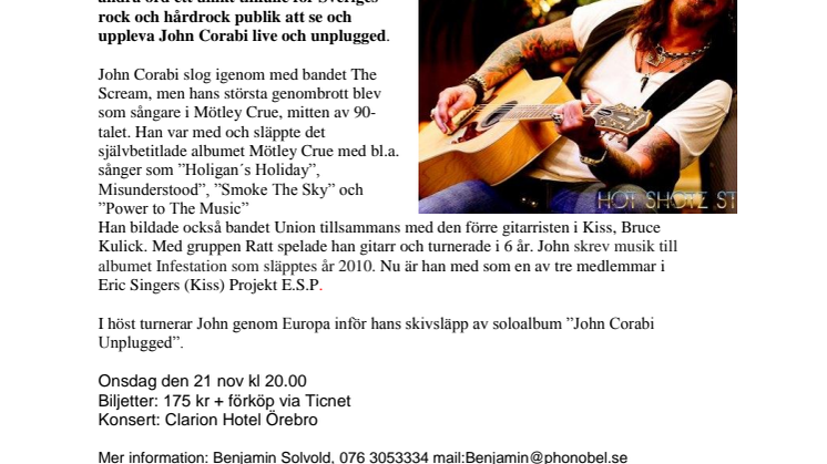 Världsartisten John Corabi kommer till Örebro