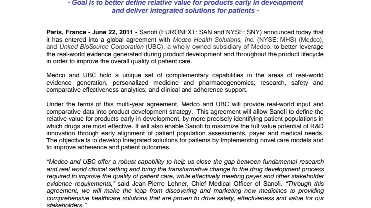 Sanofi Establishes a Global Agreement with Medco and UBC to Improve Quality of Patient Care through Real-World Evidence