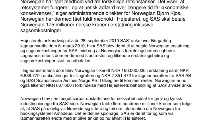 SAS skal betale Norwegian 175 millioner NKR for industrispionage