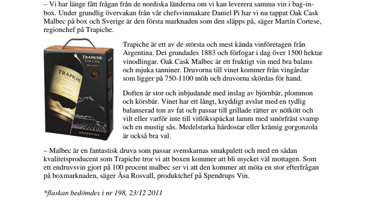Trapiche Oak Cask Malbec på box lagom till grillsäsongen