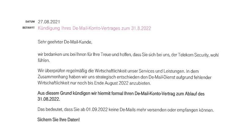 De-Mail Kündigungsschreiben der Telekom
