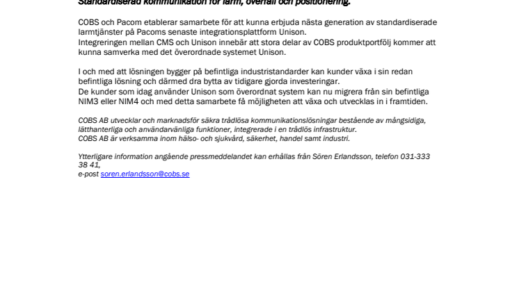 COBS integrerar CMS med Pacom (Unison)