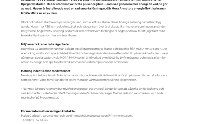 Hållbara kranar från Mora Armatur i Stockholms första plusenergihus 