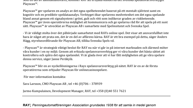 Finska spelbolaget Ray väljer svenska Playscan™ för spelansvar på internet