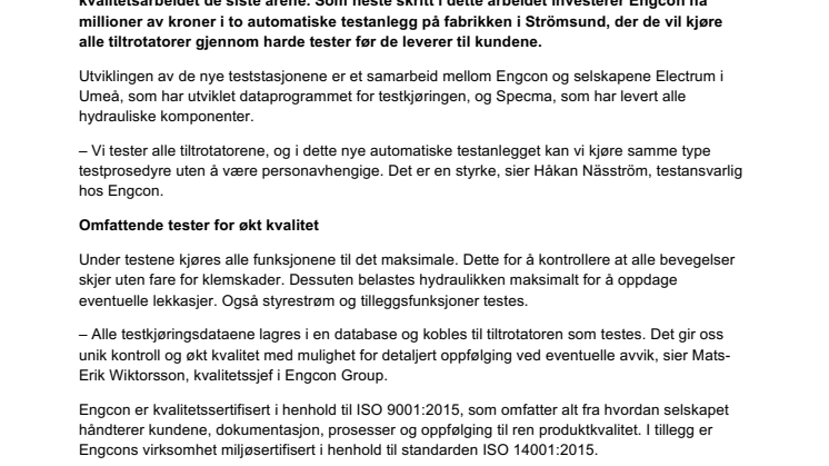 Engcon investerer millioner i nye testanlegg  – skal gi økt kvalitet og sikkerhet