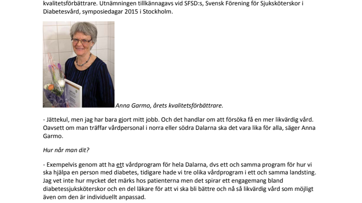 Årets kvalitetsförbättrare 2015 är diabetessjuksköterska Anna Garmo, Dalarna