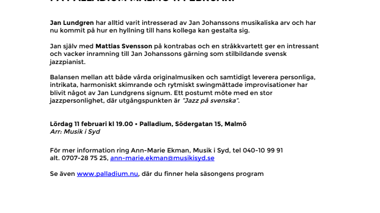 Jan Lundgren – A Tribute to Jan Johansson på Palladium Malmö 11 februari 