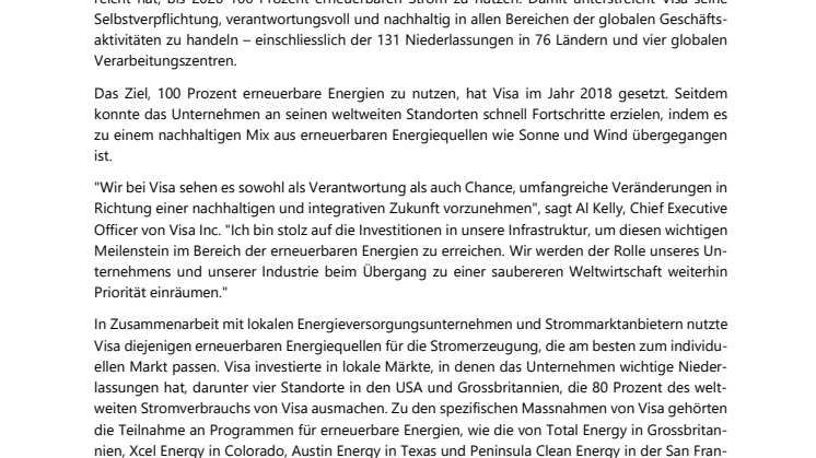 Visa erreicht Ziel von 100 Prozent erneuerbarem Strom 