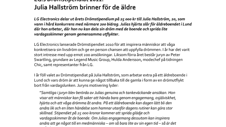 LG:s Drömstipendiat 2011:  Julia Hallström brinner för de äldre  