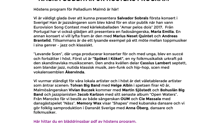 Palladium Malmö presenterar: Salvador Sobral, Spöket i Köket, Tolvan Big Band & Oum – några godbitar ur höstens program 