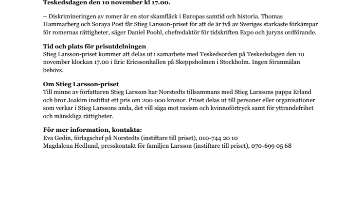 Pressinbjudan till prisutdelning: Soraya Post och Thomas Hammarberg får Stieg Larsson-priset