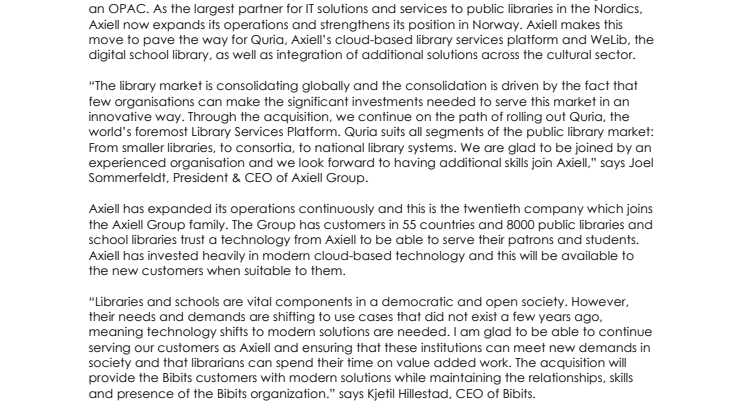 Axiell acquires Bibliotekenes IT-senter and becomes leading library vendor in Norway