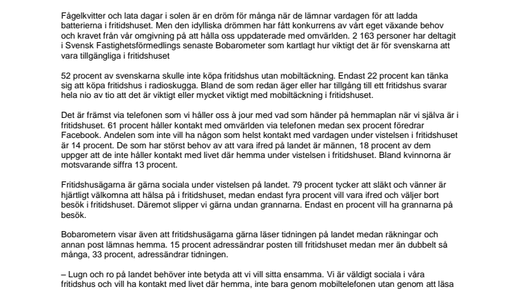 Bobarometern: Mobiltäckning ett krav i fritidshuset 