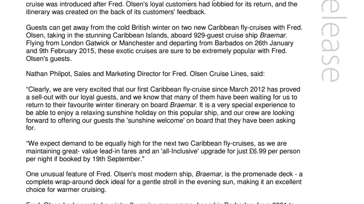 Fred. Olsen Cruise Lines introduces two new winter Caribbean fly-cruises in early 2015 to meet demand 