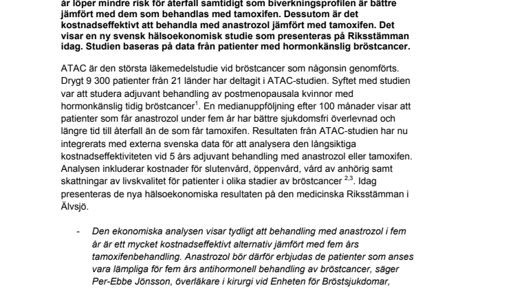 Behandling som minskar risk för återfall i bröstcancer är kostnadseffektiv 