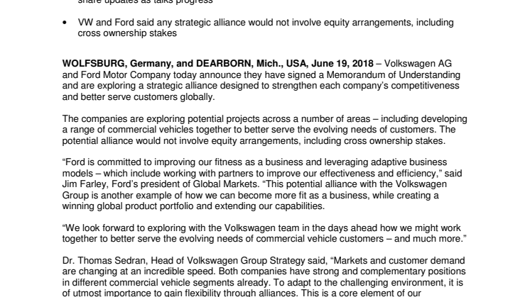 Ford og Volkswagen indgår strategisk samarbejde 