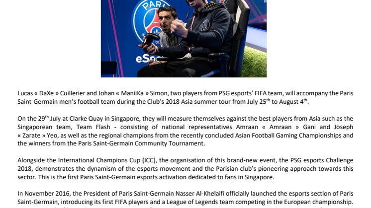PARIS SAINT-GERMAIN’S ESPORTS STARS TO PARTICIPATE IN THE FIRST PSG ESPORTS CHALLENGE IN SINGAPORE