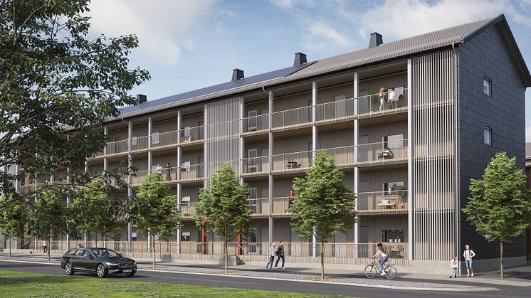 Illustration av entrésida med loftgångar, BoKlok Diamanten, Bäckby, Västerås. 