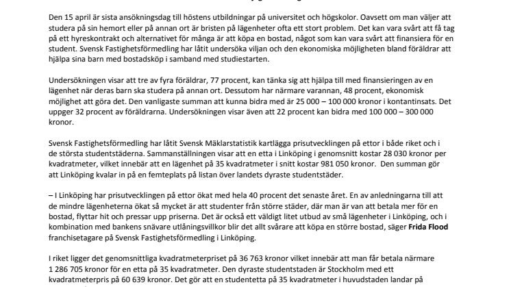 Linköping femte dyraste studentstaden att köpa bostad i