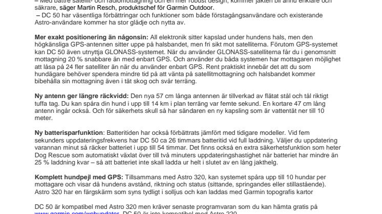 Garmin®  uppdaterar sin Astro®-serie med DC 50 hundhalsband