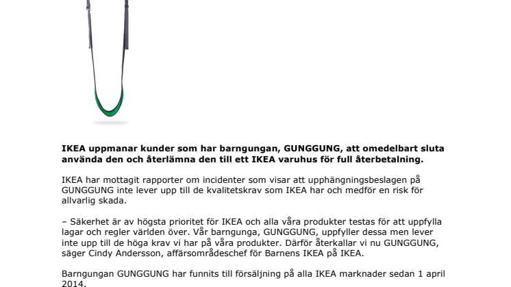 IKEA återkallar barngunga GUNGGUNG på grund av risk för allvarlig skada