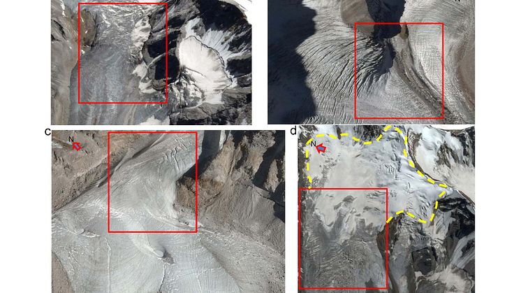 Fyra av de glaciärer som rör sig snabbast (röda rektanglarna) bland de 112 glaciärer som studerats i ett av västra Himalayas avrinningsområden. Foto:CNES/Airbus.
