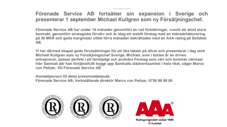 Förenade Service AB - Rekryterar ny försäljningschef Sverige