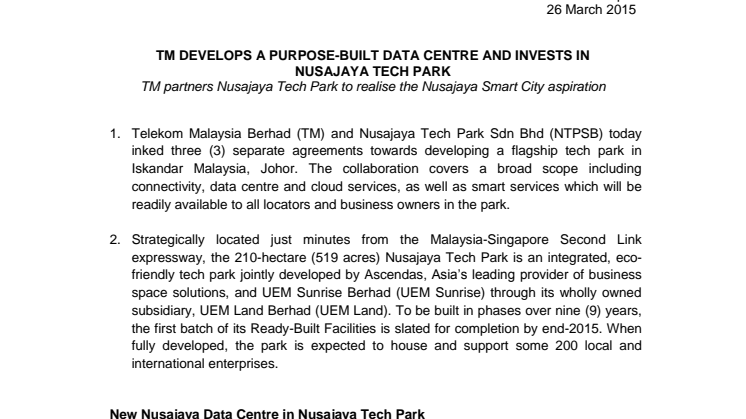 TM Develops a Purpose-Built Data Centre and Invests in Nusajaya Tech Park