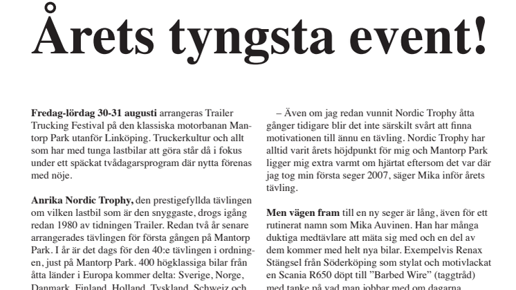 Trailer Trucking Festival, nytta förenas med nöje på Mantorp Park i årets tyngsta event!
