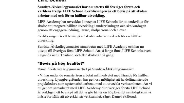 Sundsta-Älvkullegymnasiet är Sveriges första LIFE School