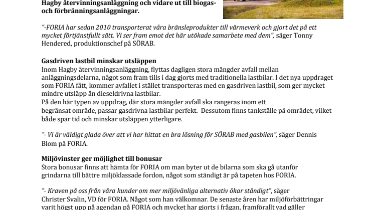 Miljövinster i fokus när SÖRAB och FORIA utökar samarbetet 