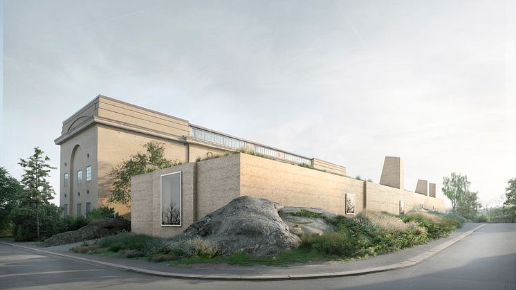 Visionsbild av den kommande tillbyggnaden, som kommer att byggas på baksidan av Göteborgs konstmuseum. Foto: Barozzi Veiga