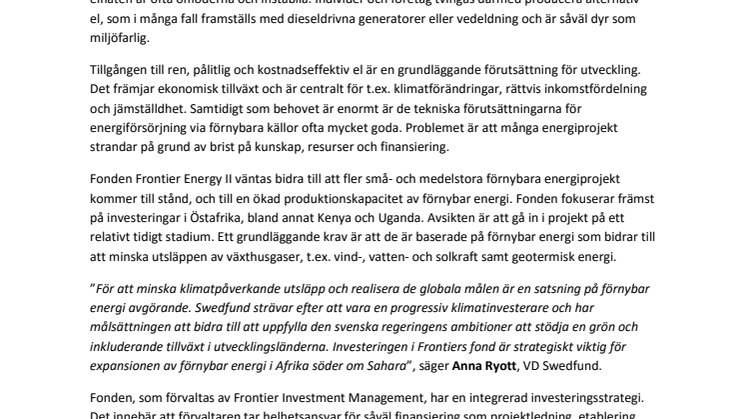 Swedfund fortsätter att expandera inom förnybar energi i Afrika söder om Sahara
