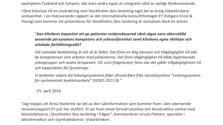 Kommuniké från Vidarkliniken om dagens inslag i Sveriges Radios Ekot (160630)