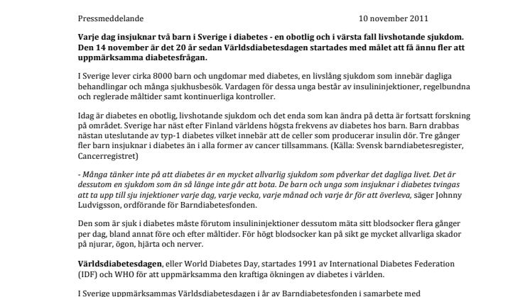 Världsdiabetesdagen 20 år: Barndiabetes tre gånger vanligare än cancer