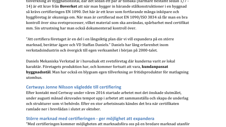 ​Svetsföretaget Daniels Mekaniska Verkstad certifierade mot EN 1090 & ISO 3834
