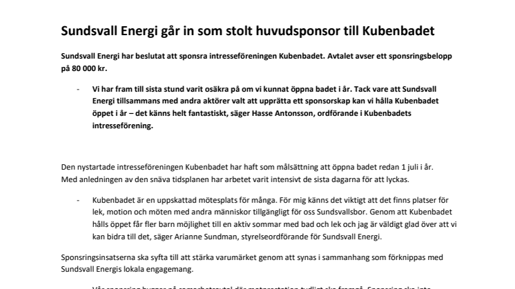 Sundsvall Energi går in som stolt huvudsponsor till Kubenbadet