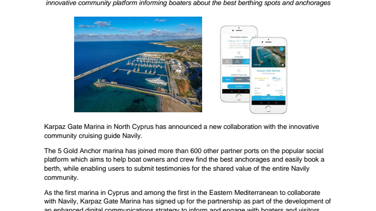 Karpaz Gate Marina Leads East Mediterranean Region in Collaboration with Cruising Guide Navily
