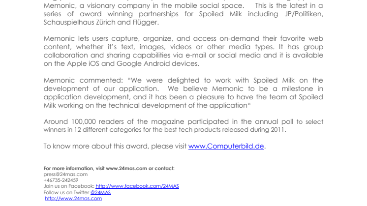 Memonic mobile app crowned Best App of the Year 2011 by Computer Bild