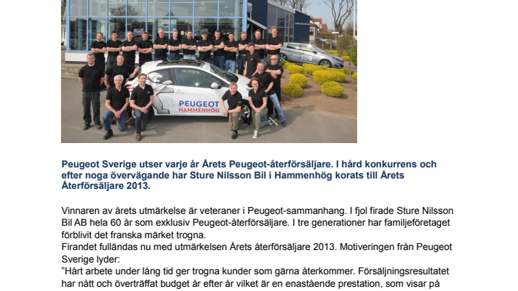 Sture Nilssons Bil AB i Hammenhög Årets Peugeot-återförsäljare
