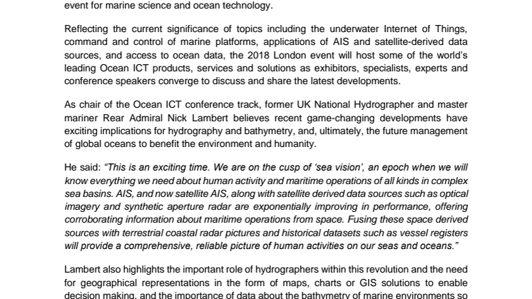 Unfolding Revolution in Ocean Information  and Communications Technology Takes  Centre Stage at Oceanology International