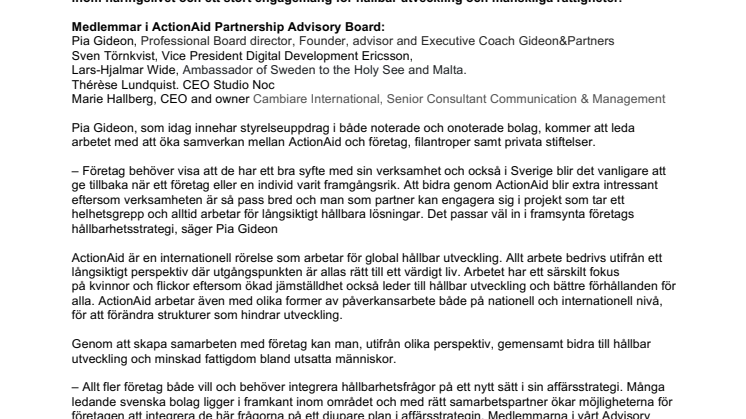Pia Gideon, Sven Törnkvist, Lars-Hjalmar Wide, Thérèse Lundquist och Marie Hallberg engagerar sig i arbetet i ActionAid Partnership Advisory Board