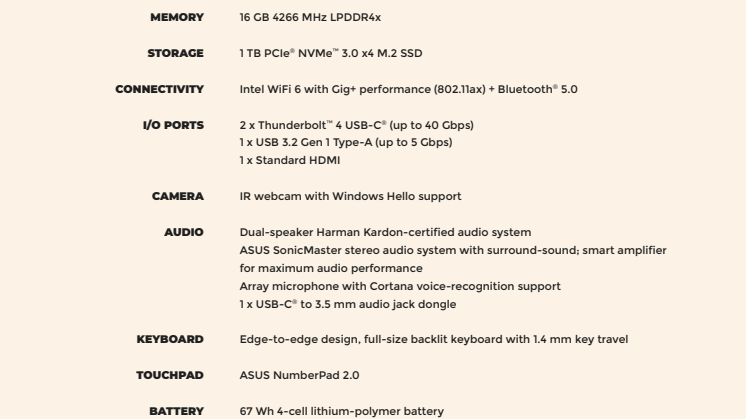 ZenBook Flip S (UX371) Specifikationer